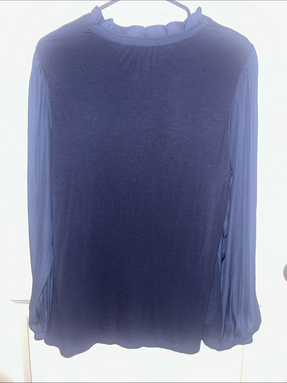 LOFT Navy Ruffle-Trim Button-Front Blouse - Picture 3 of 5